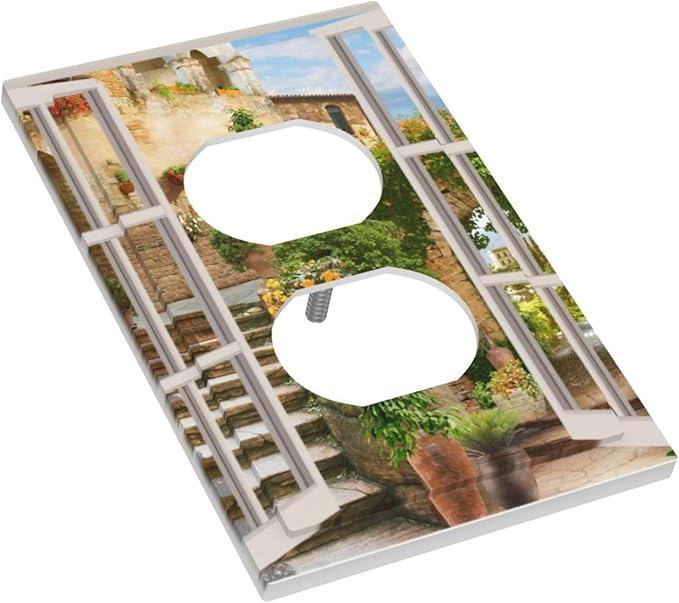 Mediterranean Greece Scene Flowers 1 Gang Duplex Outlet Covers Light Switch Cover Decorative Electrical Switchplate Italian Town from Another Window Faceplate for Bathroom Bedroom Home Decor