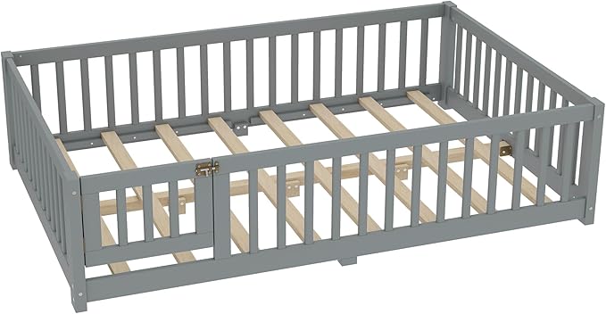 Harper & Bright Designs Full Floor Bed with Safety High Fence, Wood Montessori Bed with Door, Full Size Floor Beds with Solid Wood Support Slats for Boys, Girls, Kids, Gray