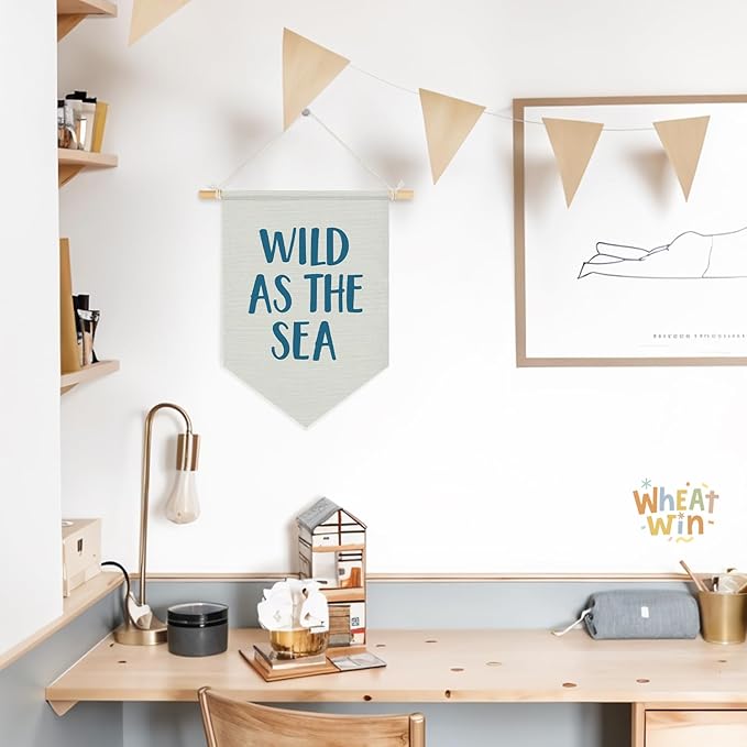 Wheatwin Ocean Nursery Decor, Wild As the Sea Blue Wall Hanging Pennant Flag Banner, Coastal Beach Wall Decor for Kids Boys Girls Toddler Nursery Room Bedroom Playroom 15x11 Inch