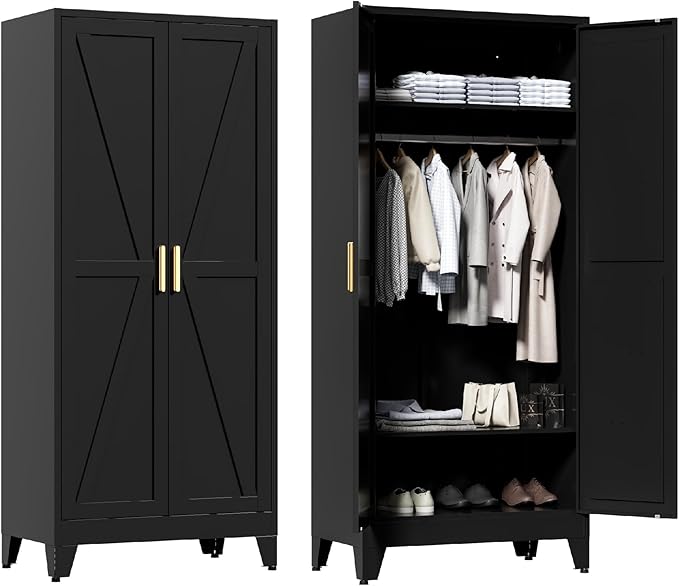71'' Farmhouse Metal Wardrobe Cabinet with Hanging Rod, 2 Barn Door Wardrobe Closet with 2 Adjustable Shelves,for Dining Room,Bedroom,Living Room, Cloak Room,Office (Black)