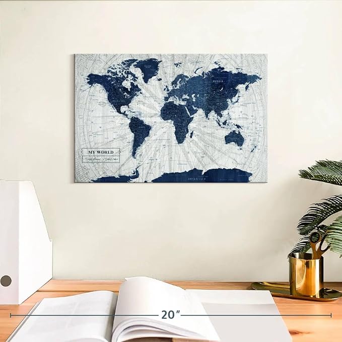 ElephantStock - My World Push Pin Map V Wall Art - Horizontal Canvas Wall Art - Living Room Wall Decor - Unique Map Canvas Art - Gray And Blue Decor - 12" x 8"
