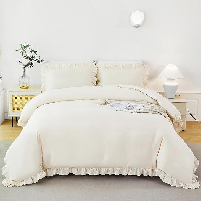 Girls Ruffle Duvet Cover Set Queen 3 Pieces Beige Comforter Set for Kids Cute Chic Ruffled Bedding Duvet Cover Set with 2 Pillowcases(Beige, Queen)