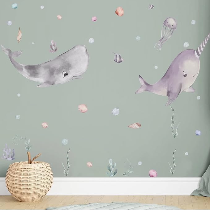 Whale Wall Dcals Peel and Stick for Kids Whale Removable Wall Stickers with Sea Life, Vinyl Ocean Wall Stickers for Bedroom Bathroom Nursery