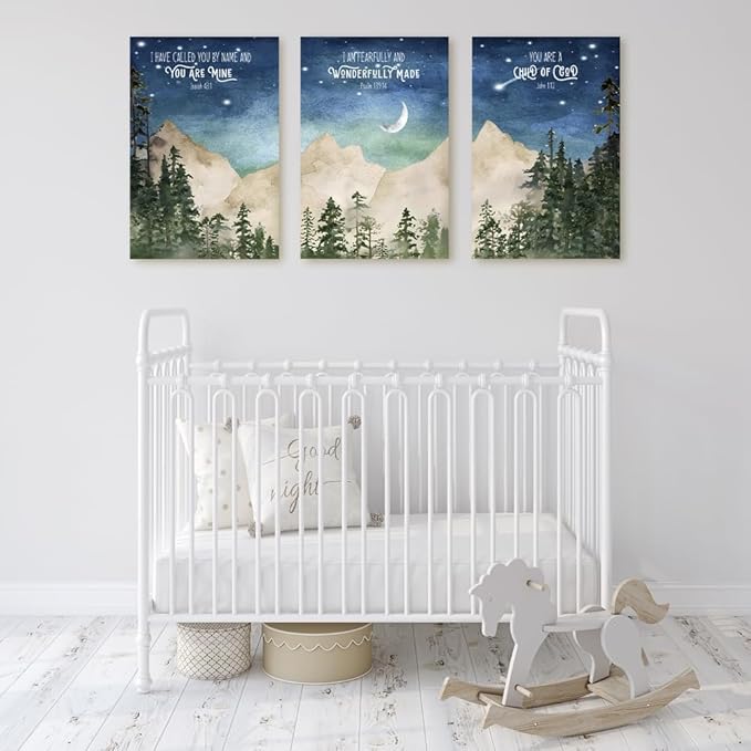 Nursery Scripture Wall Art, Set of 3 Nursery Bible Verse Wall Decor, Star Night Mountain Forest Wall Art, Nature Woodland Decor Canvas Prints, Inspirational Christian Kids Art, Framed 12"x16"