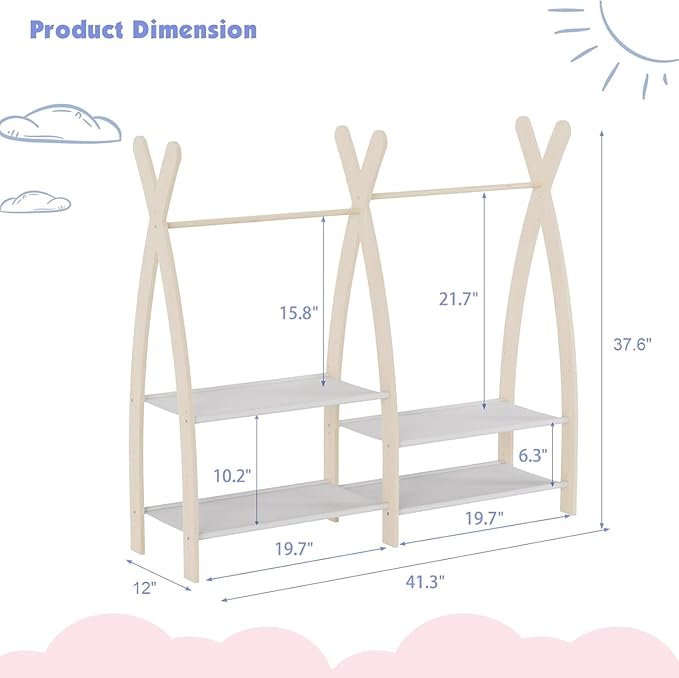 Kids Clothing Rack Dress Up Storage Closet for Girls Baby Garment Wardrobe Toddler Costume Closet with Double Hanging Rod Wood 2 Tier Bottom Storage Shelves Organizer