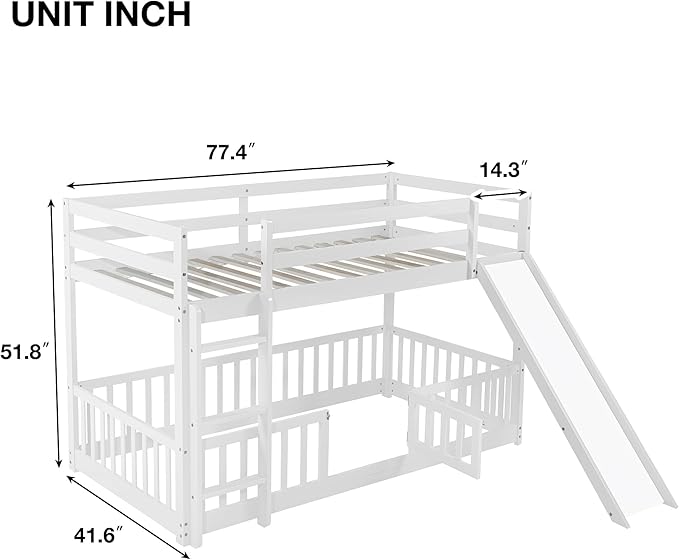 Twin Over Twin Bunk Bed with Slide and Ladder, Wood Floor Bunk Bed Frame with Door and Safety Guardrails for Kids Teens Boys Girls, No Box Spring Needed