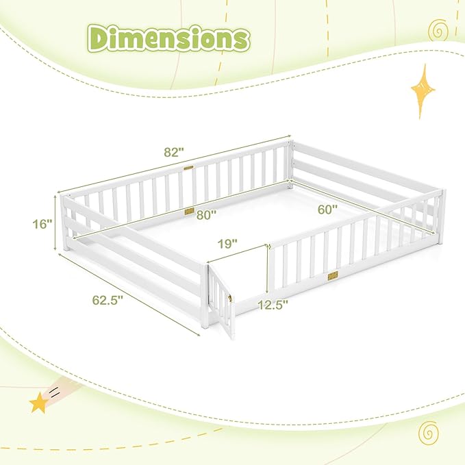 KOMFOTT Queen Size Wood Floor Bed with Door & Fence, Montessori Bed Frame with Full Length Safety Guardrails, Door & Latch, Wooden Montessori Floor Bed for Kids, Girls, Boys (Queen,White)