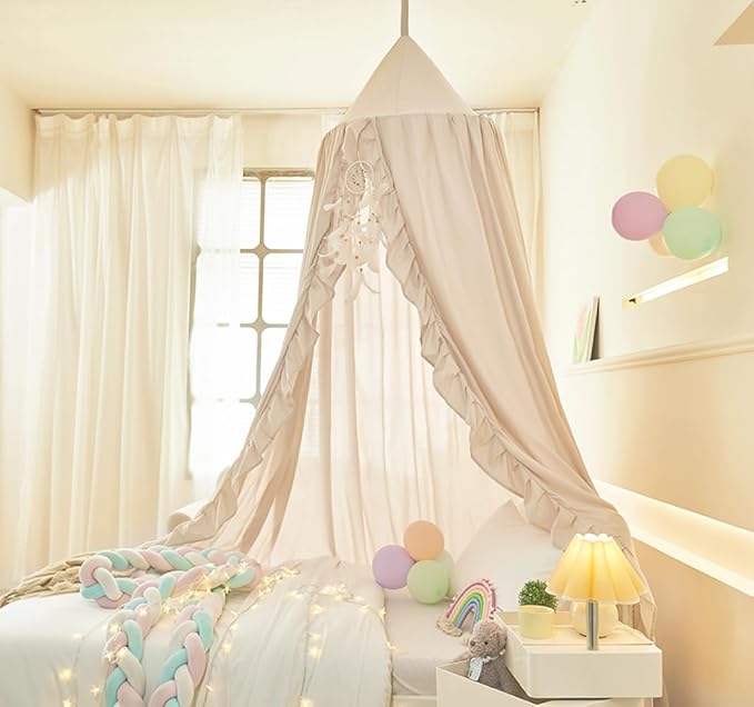 Mengersi Bed Canopy for Girls,Ruffled Canopy Bed Curtains Kids Canopy for Girls Room,Hanging Canopy Princess Play Tent for Reading Nook Play Room Decor (Ivory)