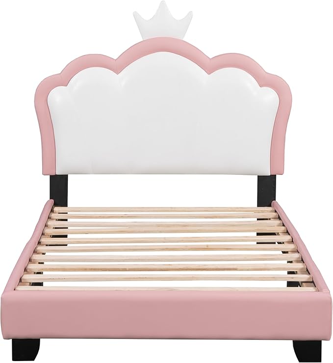 Twin Size Princess Bed Frame with Crown Shaped Headboard for Kids,Upholstered Platform Bed with Slats Support,Twin Girls Bed,Twin Bed for Girls Teens,Pink