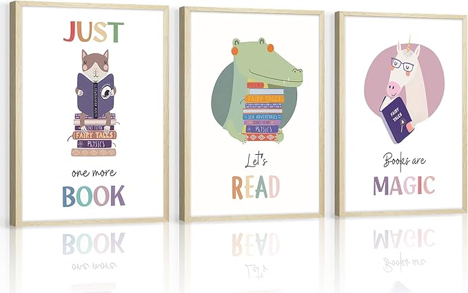 3Pcs Kids Reading Wall Art Children’s Educational Wall Decor Nursery Classroom Painting Cute Animal read Pictures Reading Corner Prints for Children’s Library Kids Room 12x16 Unframed Posters