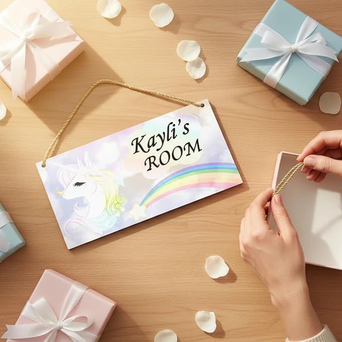 Personalized Name's Pretty Iridescent unicorn with rainbow Nursery Kid's Children's Girls Bedroom Door Sign Wood Plaque Sign Wall Decor Gift