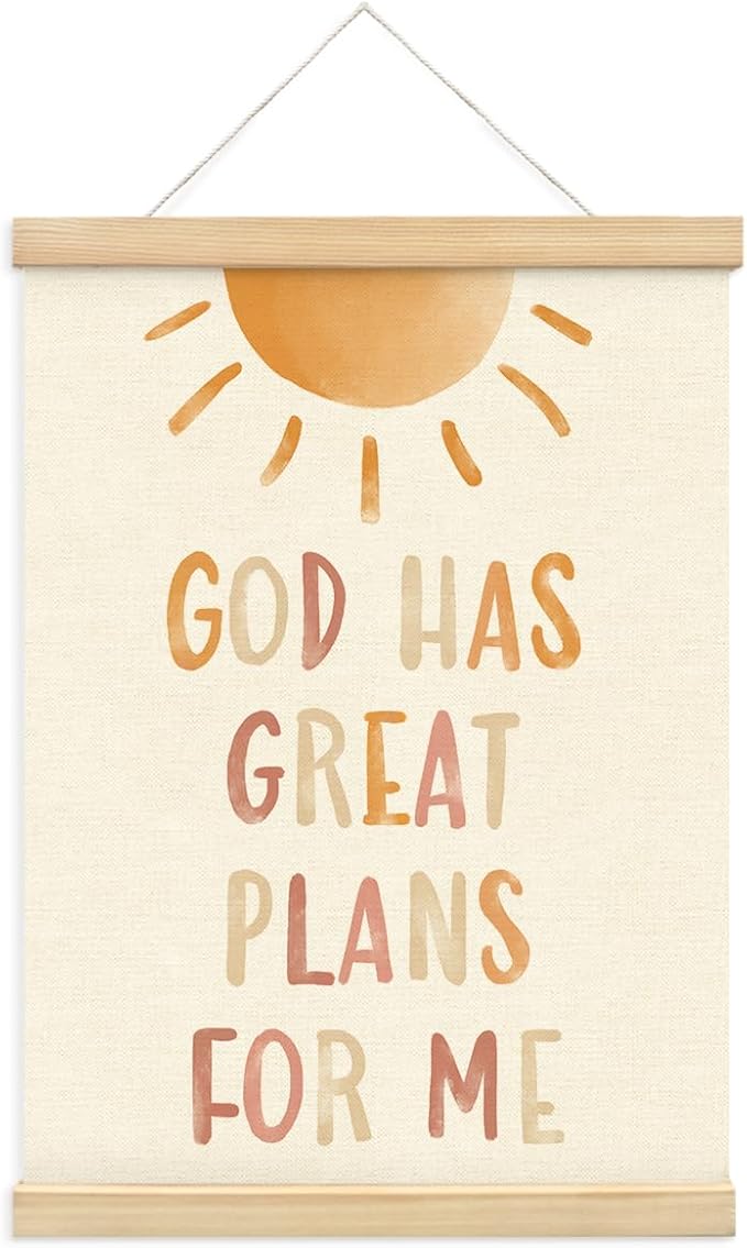 PLKMN Christian Nursery Wall Decor, God Has Great Plans for Me Wall Art with Wooden Poster Hanger, Boho Sun Christian Wall Decor for Nursery Kids Room Sunday School Preschool Classroom, 12x16 Inch
