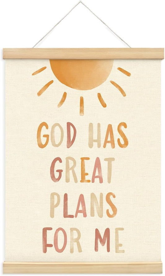 PLKMN Christian Nursery Wall Decor, God Has Great Plans for Me Wall Art with Wooden Poster Hanger, Boho Sun Christian Wall Decor for Nursery Kids Room Sunday School Preschool Classroom, 12x16 Inch