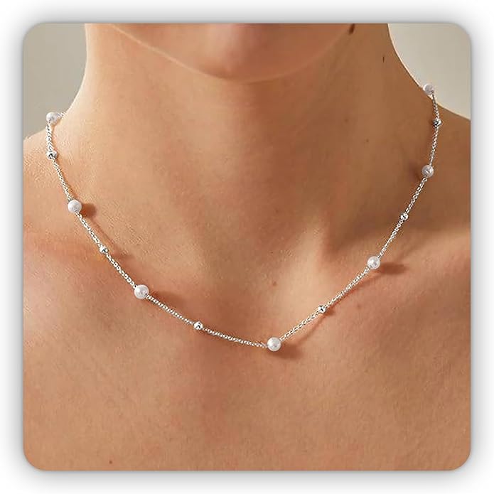 SmileBelle Pearl Necklaces for Women, Daisy Pearl Choker as Christmas Stocking Stuffers for Teens, Silver Daisy Pearls Jewelry Trendy Stuff Birthday Gifts 3 Pearls White Necklace as Wedding Jewelry