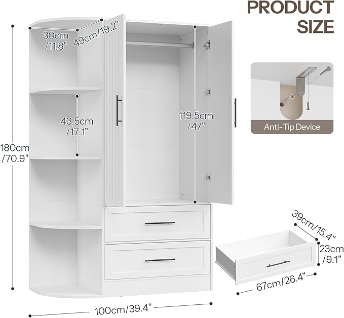 HOOBRO Wardrobe Closet with Doors, 70.9" Tall Armoire Wardrobe Closet with 4 Storage Shelves, Wooden Bedroom Armoire with 2 Drawers and Hanging Rod, Clothing Storage Cabinet for Bedroom, White