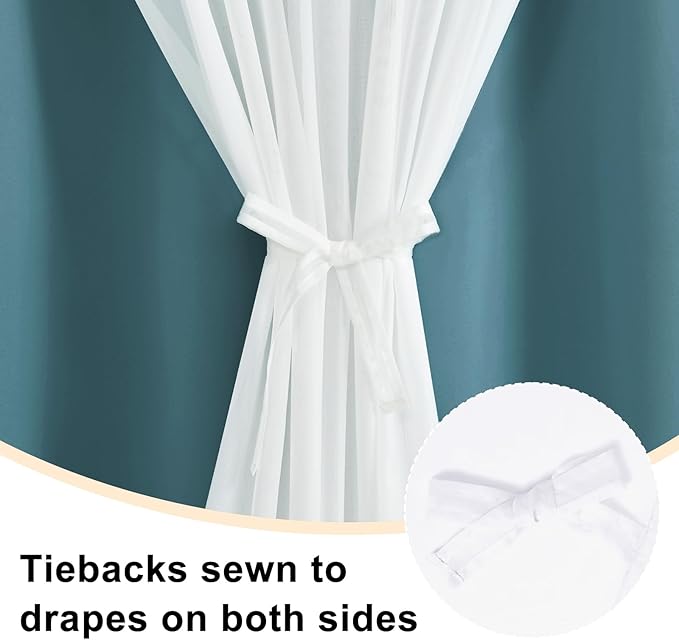 Hiasan Blackout Curtains with Sheer Overlay, Thermal Insulated Privacy Mix & Match Double Layer Window Curtains for Girls Bedroom, Living Room, 2 Drape Panels with Tiebacks,Stone Blue, 52W X 63L