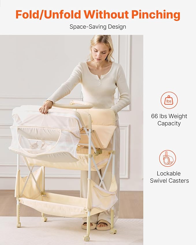 VEVOR Baby Changing Table, Adjustable Height Diaper Change Station with 2 Fabric Drawers, Side Basket and Hanging Rod, Foldable Changing Table with Lockable Wheels and 2 Star Toys, Light Beige