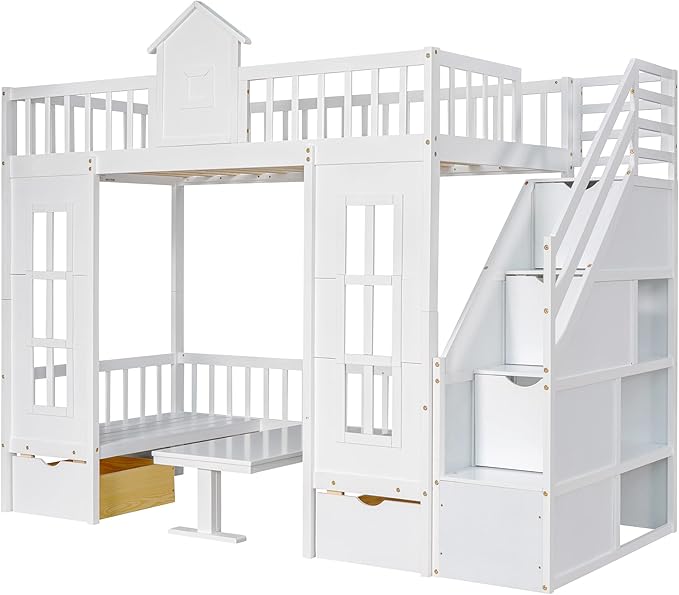 MERITLINE Twin Over Twin Castle House Loft Bed with Stairs and Storage Drawers,Solid Wood Princess Convertible Bunk Bed with Desk and Seat (White (Convertible))