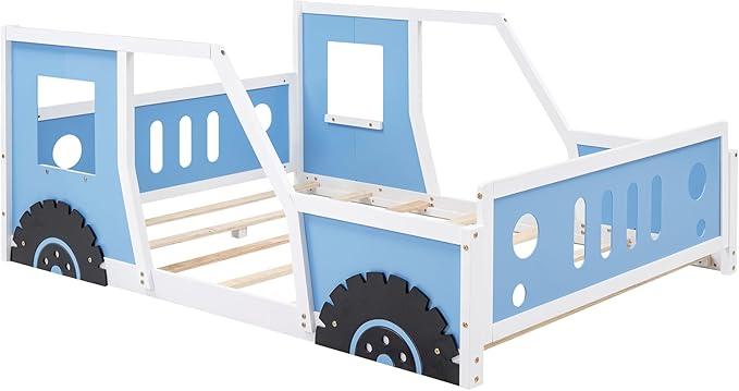 Full Size Classic Car-Shaped Platform Bed Frame for Boys Girls Kids Toddler with Wheels,Blue