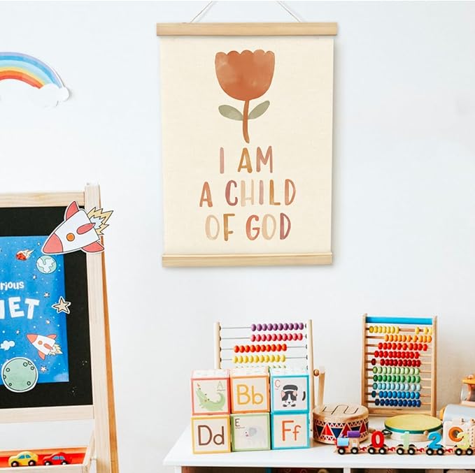 PLKMN Christian Nursery Wall Decor, I am a Child of God Wall Art with Wooden Poster Hanger, Boho Floral Christian Wall Decor for Nursery Kids Room Sunday School Preschool Classroom, 12x16 Inch