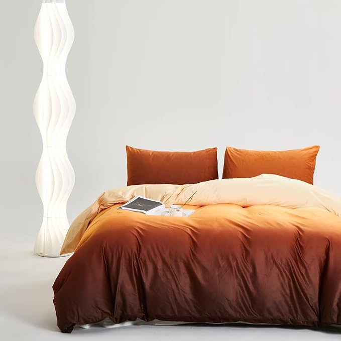 Houseri Orange and White Gradient Velvet Duvet Cover Set - Fluffy Light Dark Orange Ombre Sherpa Bedding - Extra Soft Comfy Flannel Fuzzy Duvet Cover King Size