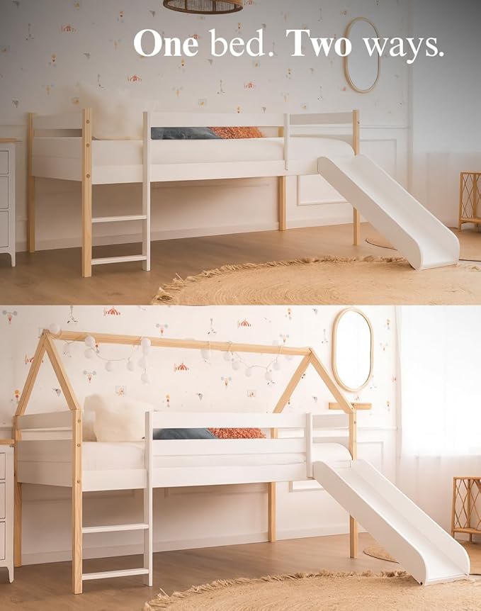 From the Tree Furniture Twin Loft Bed with Slide for Kids – Solid Wood House Frame with Safety Rails, Low Loft Playhouse Bed
