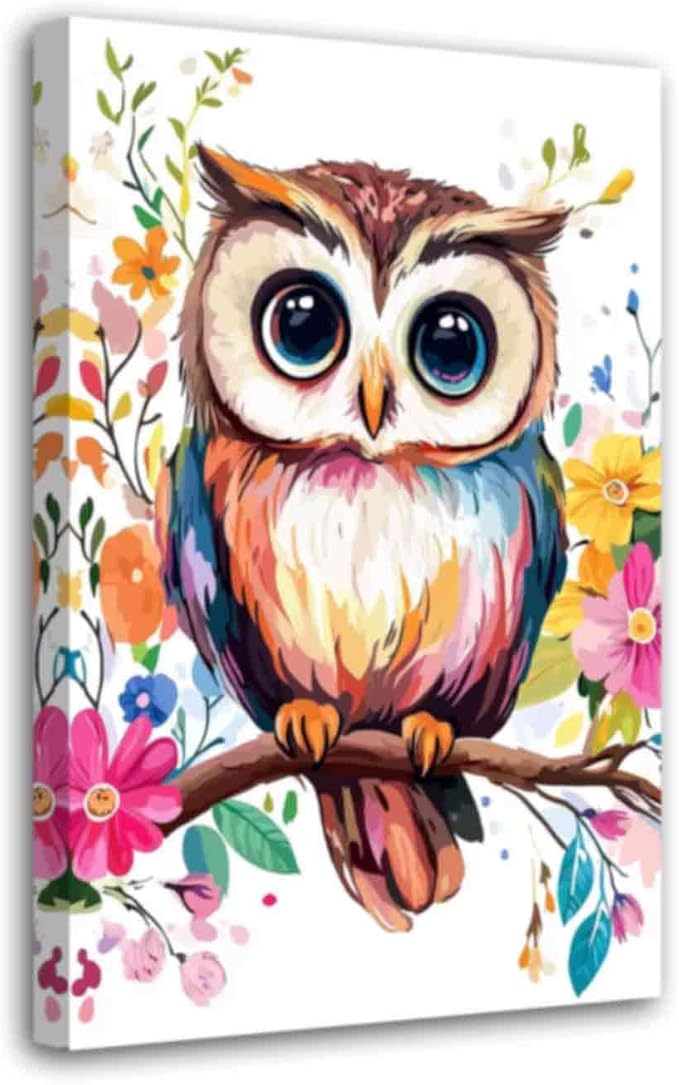 AWPANERAR Owl Canvas Wall Art Watercolor Owl Picture Prints Colorful Flower Painting Cute Animals Poster for Nursery Kids Room Decor Framed (30L x 20W)