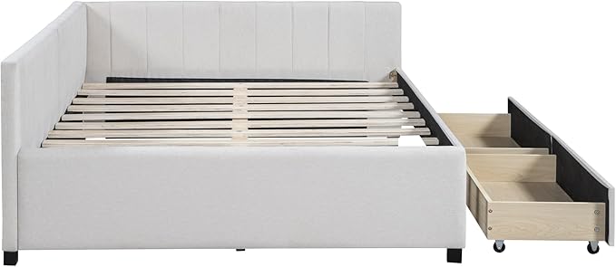 Harper & Bright Designs Full Size Upholstered Daybed with 2 Storage Drawers Sofa Bed Frame for Boys Girls Kids Adults Toddler No Box Spring Needed, Linen Fabric (Beige)