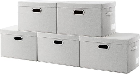 PRANDOM Collapsible Storage Bin with Lid [5-Pack] Fabric Foldable Storage Box Organizer Container Basket Cube with Cover for Home Bedroom Closet Office Beige(15.3x10x9.7)
