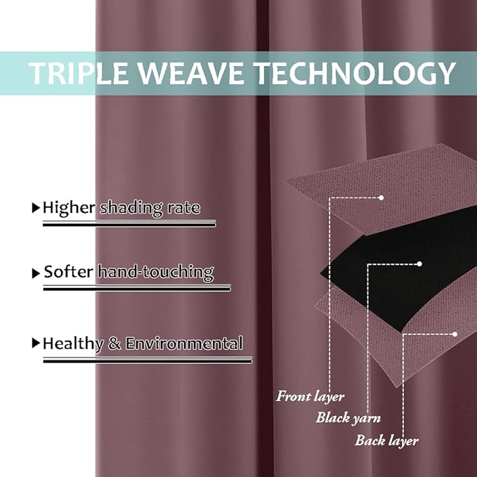 NICETOWN 100% Blackout Short Curtains with Black Liners, 2 Panels, 37" W by 50" L, Dry Rose, Solid Thermal Insulated Full Blackout 2-Layer Lined Drapes, Energy Efficiency Window Drapes for Bedroom