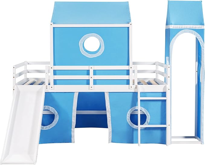 Playhouse Design Full Size Low Loft Bed with Slide & Tent and Tower, Solid Wood Tent Bed Frame for Kids Boys Girls, Versatile Spacious Under Bed Space with Curtains (Blue-TE)