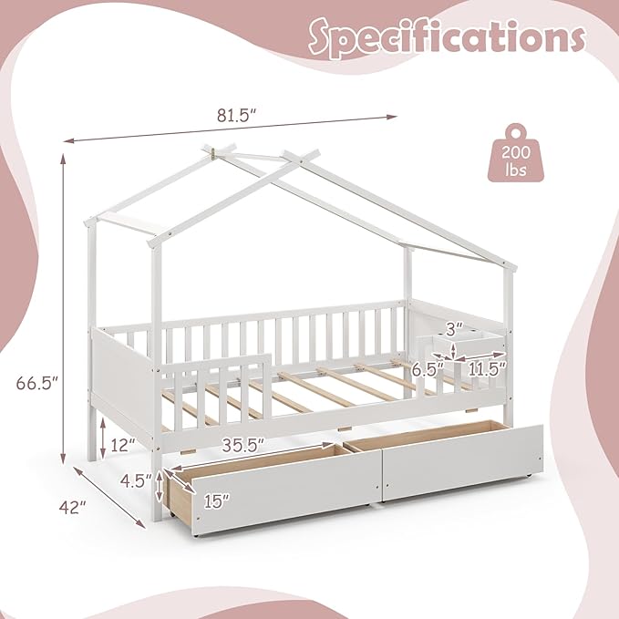 Giantex Twin House Bed with Drawers, Wooden Twin Bed Frame with Cube Storage & Fence Rails, Montessori Beds for Kids Boys, Girls, Bedroom, Living Room, No Box Spring Needed, White