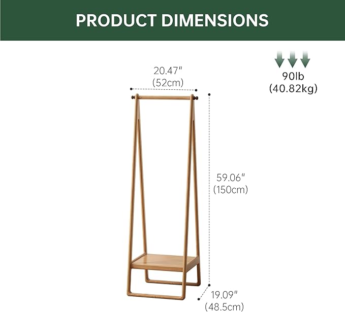 Solid Oak Wood Clothes Rack, Garment Rack with Shelves, Wooden Clothing Rack for Bedroom, Living Room, Entryway, 19" x 20" x 59", Natural