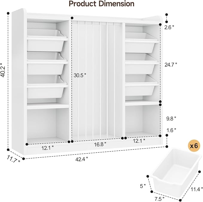 ONBRILL Toy Storage Organizer with 6 Removable Plastic Bins, Toddler Stuffed Animal Storage, Toy Box Cabinet with 2 Open Cubbies, Book Shelf for Kids Room Playroom Bedroom Nursery (White)