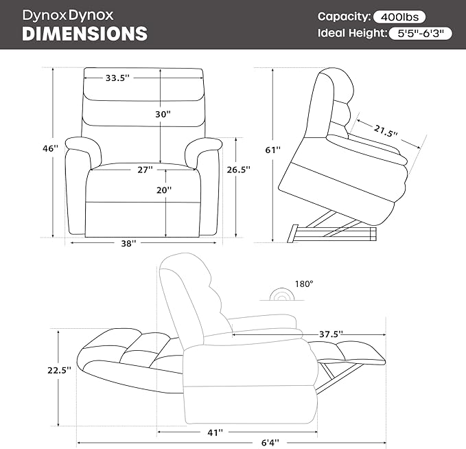 DYNOX Big Man Large-Wide Power Dual Motor Lift Recliners Chairs for Elderly Lay Flat Lift Chair with Infinite Positions, Heat & Massage, Supports 400 LBS(9298,Faux Leather,Grey)