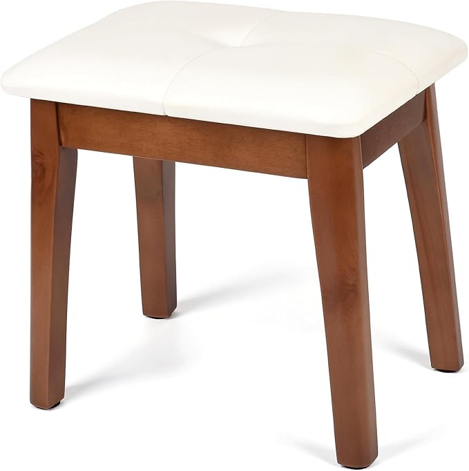 Solid Wood Foot Stool Ottoman, 14" H Small Bench Chair Comfy Kids Foot Rest Stools for Under Office Desk at Work for Bedroom/Living Room/Kitchen - Beige White