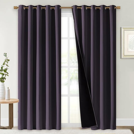 NICETOWN 100% Blackout Window Curtain Panels, Greyish Purple, 2 Pieces, 70" Wide Each Panel, Cold and Full Light Blocking Drapes with Black Liner for Nursery, 84" Drop Thermal Insulated Draperies