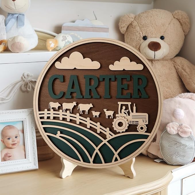 Personalized Name for Nursery Wall, Farm Sign for Baby Door Decor, Newborn Gifts for Boy, Boys Nursery Wall Bedroom Decorations, Mother's Day Gifts for New Mom Dad Gift