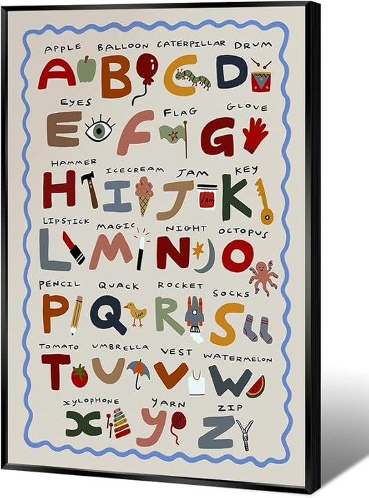 Cute First Illustration Alphabet Learning Canvas Print Posters Funny Nursery Wall Art Boho Kids Educational Abc Chart Colorful Decor Picture for Toddlers Classroom 20x30inch Metal Black Frame