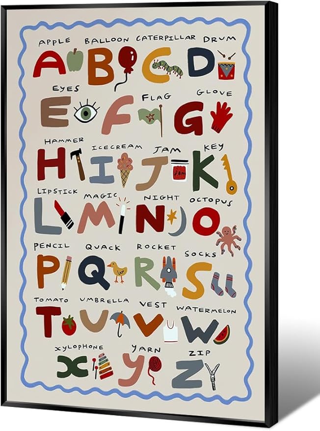 Cute First Illustration Alphabet Learning Canvas Print Posters Funny Nursery Wall Art Boho Kids Educational Abc Chart Colorful Decor Picture for Toddlers Classroom 16x24inch Metal Black Frame