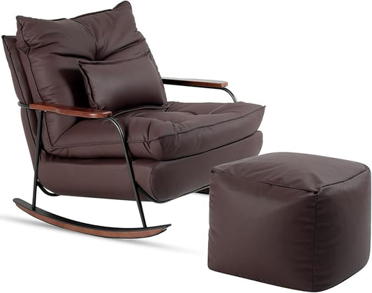 zyz Rocking Chair with Ottoman and Pillow, Mid-Century Modern Recliner, Reclining Nursery Rocker, Wood Armchair, 25° Rocking Motion, Lazy Sofa for Living Room Bedroom Balcony, PU Leather (Dark Brown)