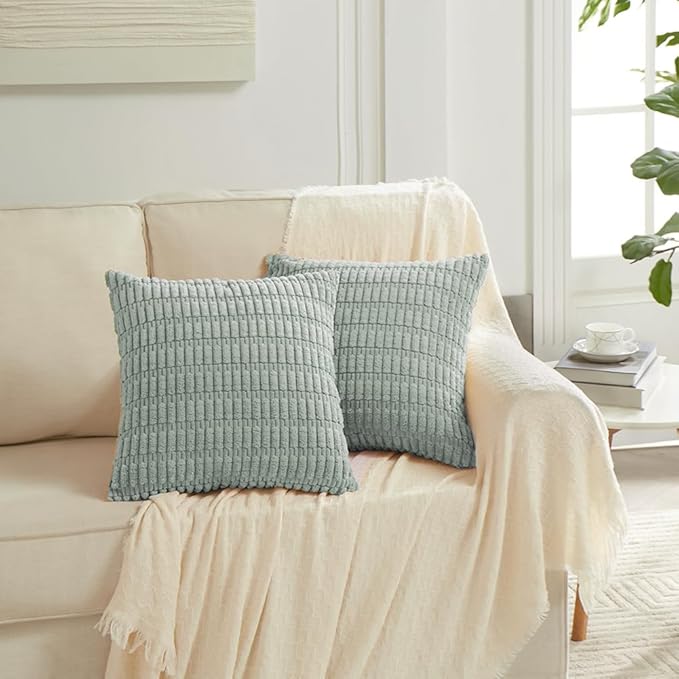 Fancy Homi 2 Packs Grey Blue Decorative Throw Pillow Covers 16x16 Inch for Living Room Couch Bed Sofa, Soft Striped Corduroy Square Cushion Case 40x40 cm, Rustic Farmhouse Boho Home Decor