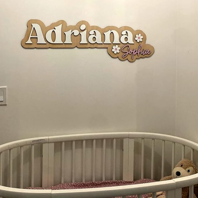 Personalized Nursery Name Sign, Custom Wooden Name Sign with Flowers, 3D Layered Wood Wall Decor for Baby Girl Room, Boho Floral Kids Room Name Plaque, 2 Layer /1