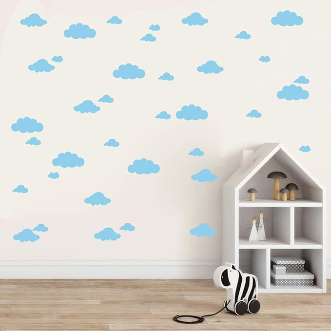 31 Pcs Assorted Cloud Wall Decals – Mixed Size 4 to 10 Inch Vinyl Stickers for Baby Nursery, Kids Bedroom, or Playroom – Removable Sky Theme Room Decoration Mural YYU-14 (Light Blue)