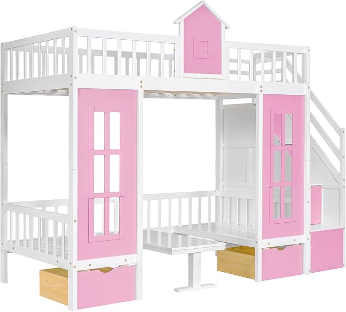 Twin Over Twin Castle House Loft Bed with Stairs and Storage Drawers,Solid Wood Princess Convertible Bunk Bed with Desk and Seat (Pink (Convertible))