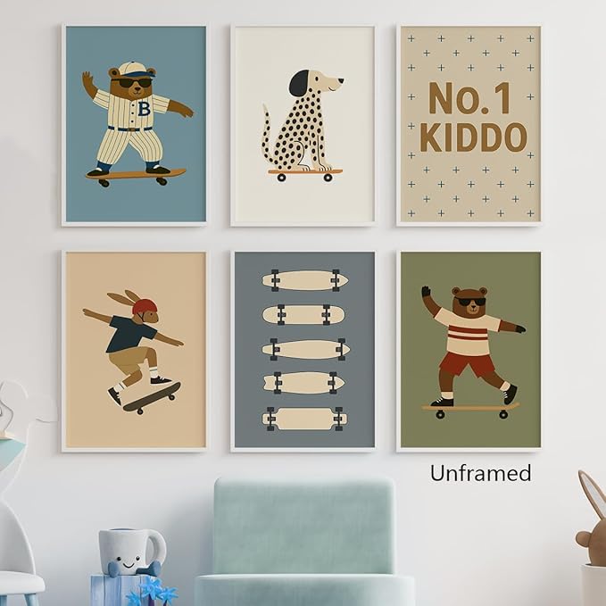 Skateboard Canvas Wall Art, Nursery Animal Sports Posters, Fashion Sunglasses Bear Athletes Pictures, No.1 Kiddo Inspirational Quote Print, Funny Skateboard Rabbit Dog Painting 12x16in Framed