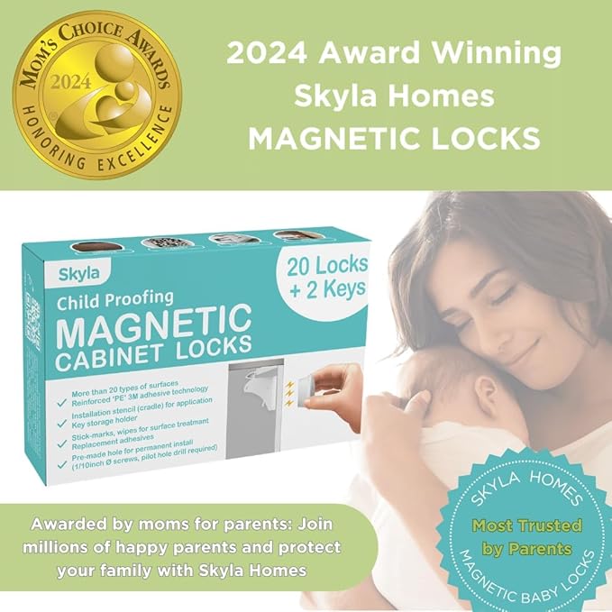 SKYLA HOMES Magnetic Cabinet Locks Baby Proofing Child Safety - The Safest Quickest and Easiest Multi-Purpose 3M Adhesive Child Proof Latches, No Screws or Tools Needed (4 Pack)