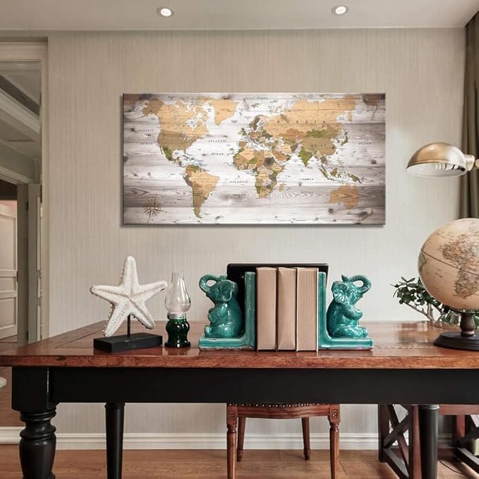 canvas Wall Art 20“x40 lagre map of the world Painting Ready to Hang Framed World Map Artwork Prints for Home