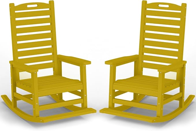 Outdoor Rocking Chair Set of 2 with Removable Footboard for Adults, HDPE High Back Patio Rocking Chairs, 330lbs All Weather Porch Rocking Chairs for Outdoor & Indoor -Yellow