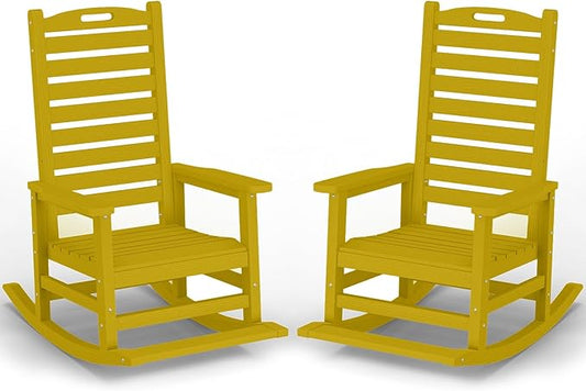 Outdoor Rocking Chair Set of 2 with Removable Footboard for Adults, HDPE High Back Patio Rocking Chairs, 330lbs All Weather Porch Rocking Chairs for Outdoor & Indoor -Yellow